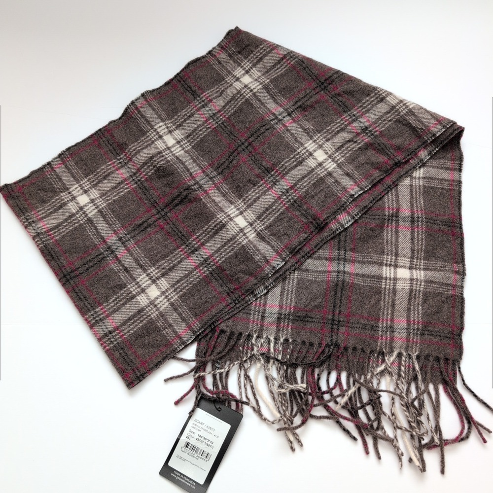 NWT Gobi 100% Mongolian Cashmere Plaid‎ Fringe Scarf Brown White Quiet Luxury